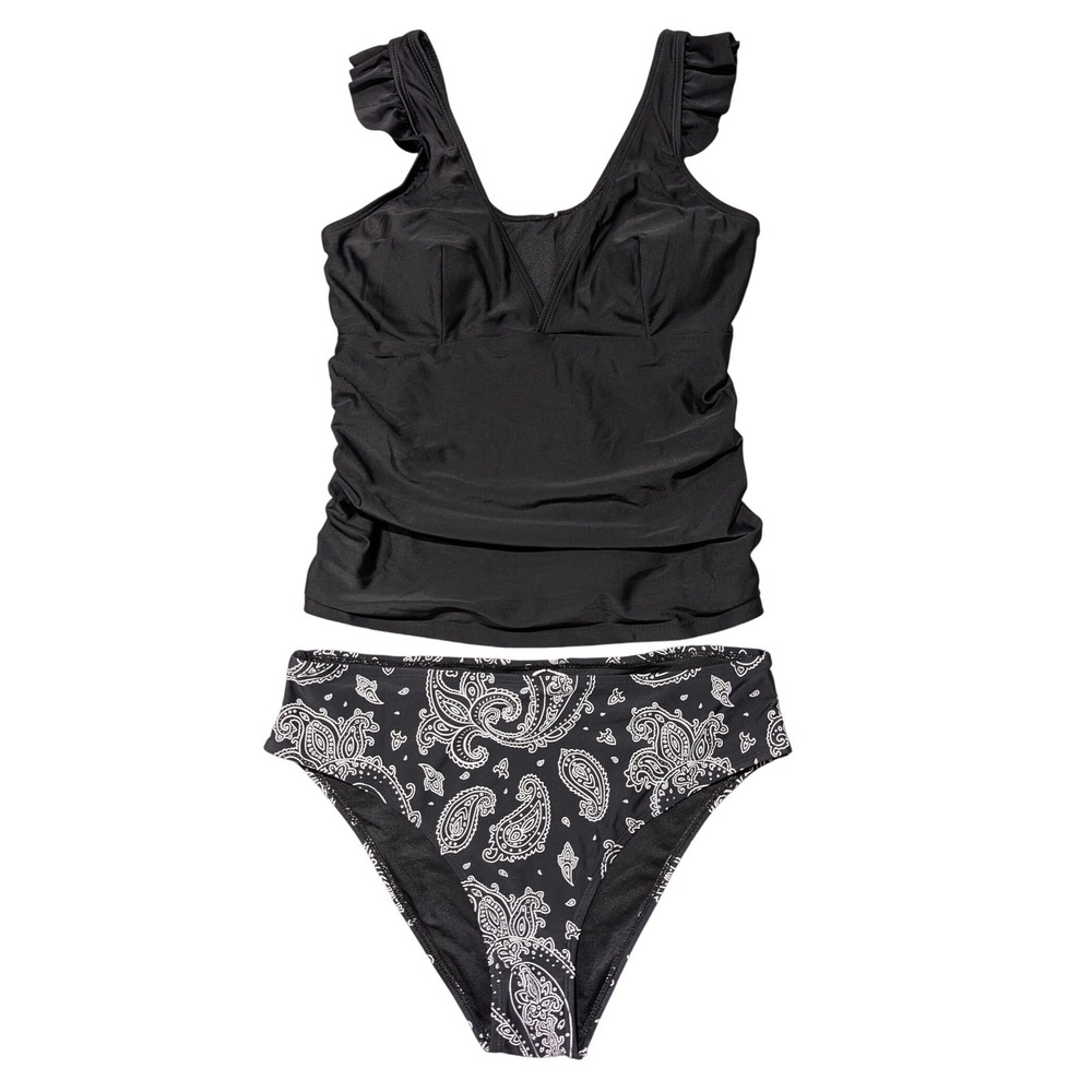 Cupshe Black Flutter Tankini Top & Paisley Bottoms Modest Swimwear Set M NWT